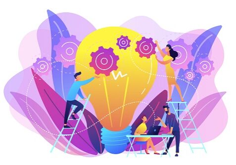 Business team putting gears on big lightbulb. New idea engineering, business model innovation and design thinking concept on white background. Bright vibrant violet vector isolated illustration