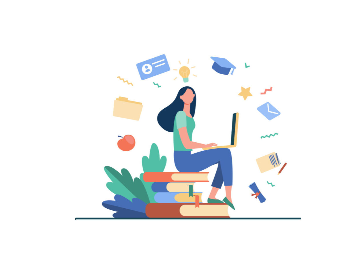 Student with laptop studying on online course. Woman sitting on stack of books and using computer. Vector illustration for internet school, knowledge, education concept